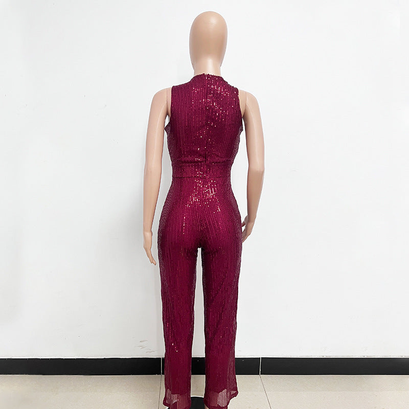 Sleeveless Sequin Round Neck Slim Fit Women's Jumpsuit 42