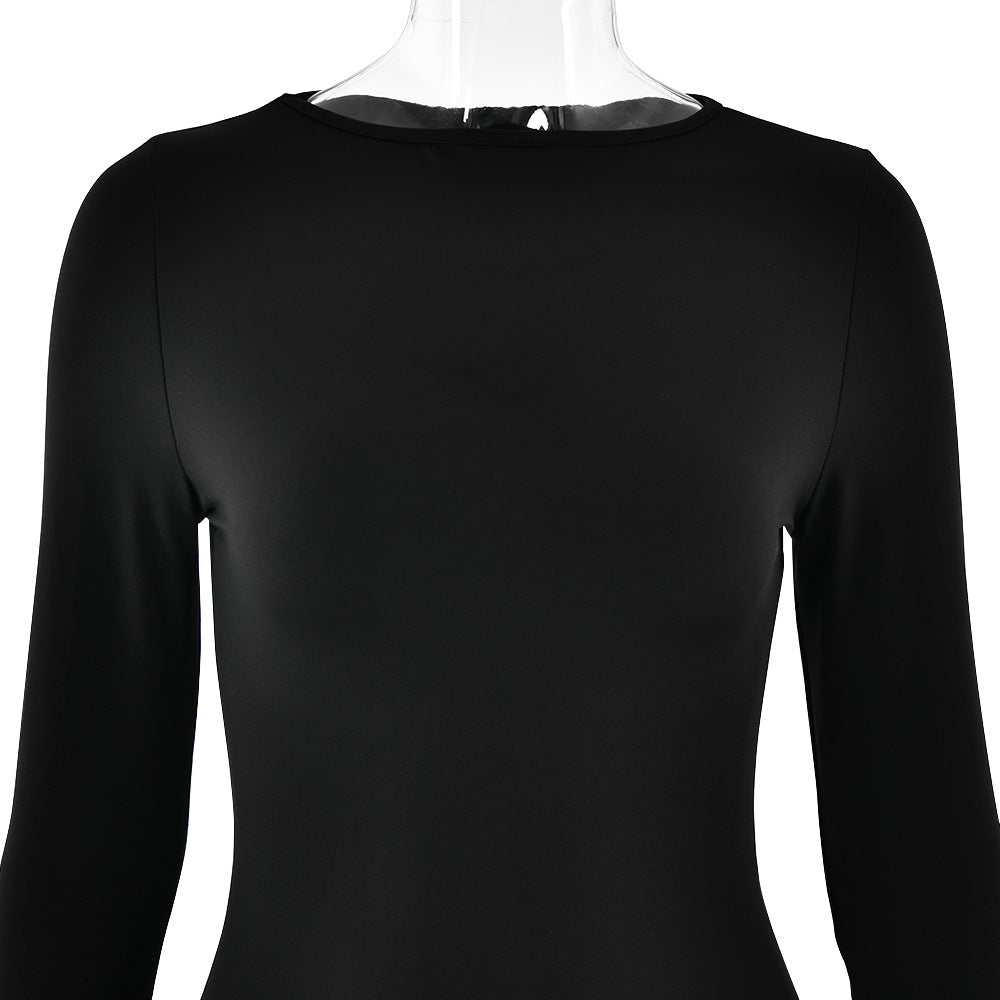 Women Color-blocked Round Neck Sexy Long-sleeved Dress 6