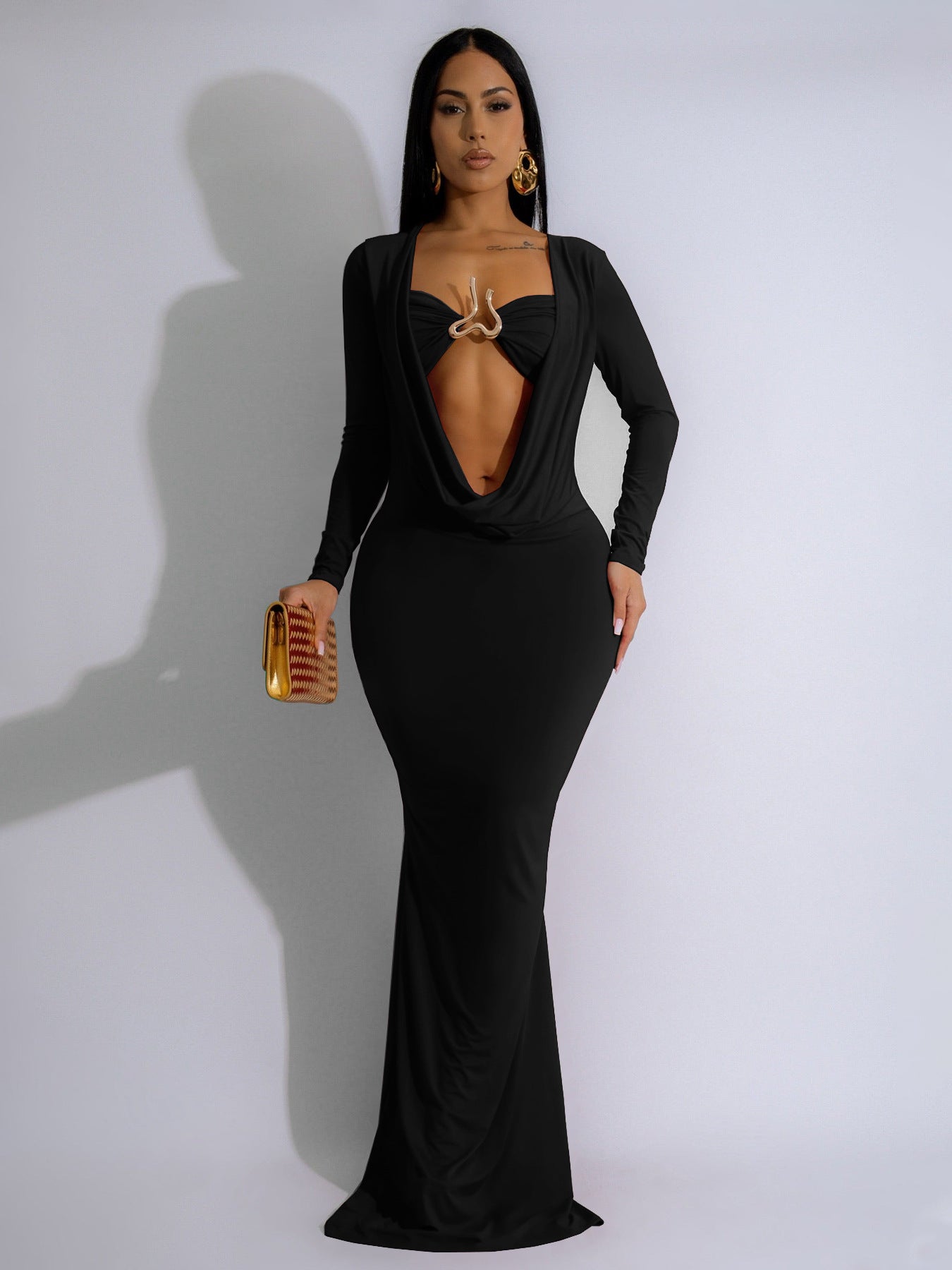 Women V-neck draped pleated long-sleeved sexy Bodycon Dress