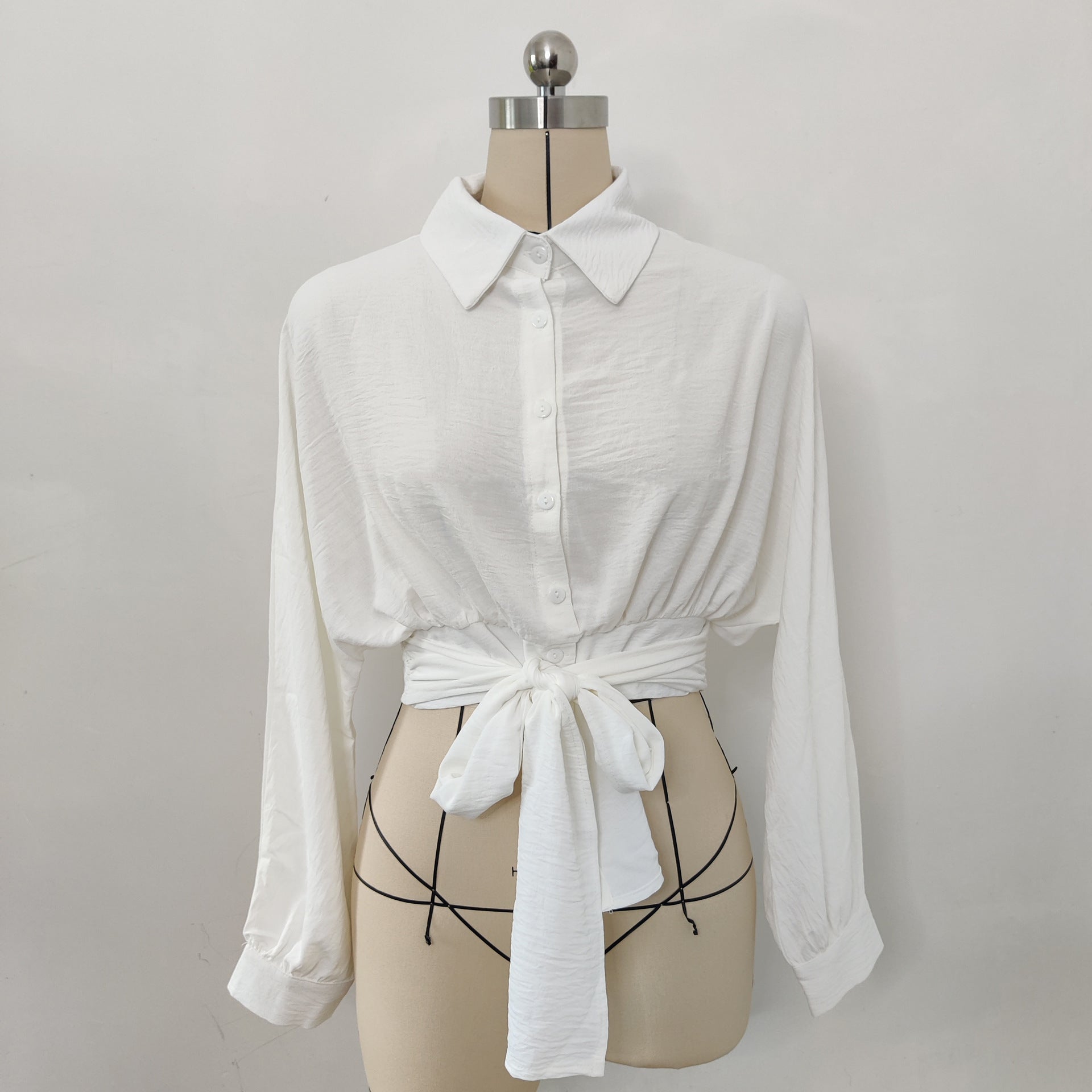 Women's Lace Up Long Sleeve Cardigan Spring Summer Bat Sleeves Crop Loose Shirt 17