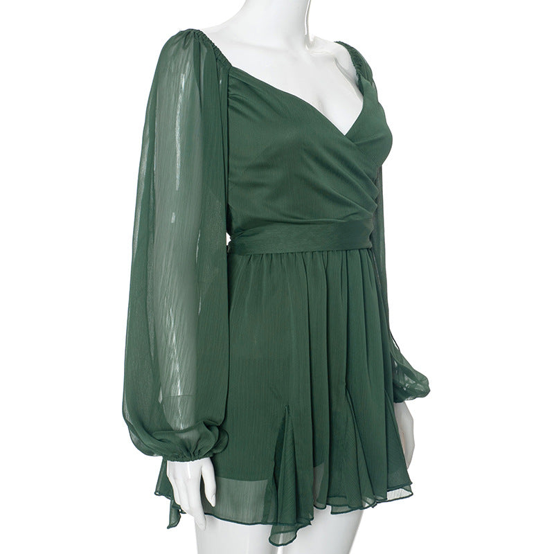 Women Summer Solid Casual Mesh Long Sleeve Lace-Up Backless Mini Dress 14