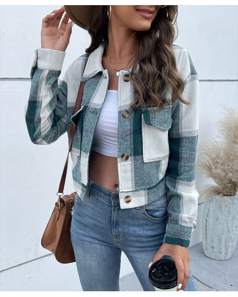 Women Autumn Crop Plaid Cardigan Shirt Vintage Jacket Coat 6