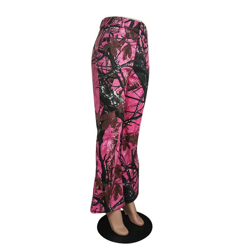Women Pink Camouflage Street Bell Bottom Pants 7