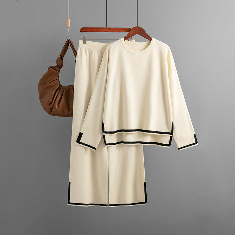 Autumn And Winter Chic Contrast Color Split Long Sleeve Knitting Top High Waist Wide Leg Pants Two-Piece Set 19