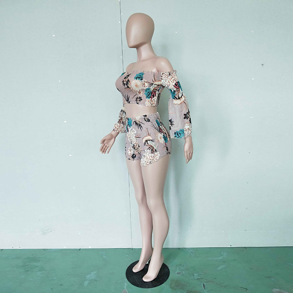 Women's Fashion Print Off Shoulder Bell Bottom Sleeve Two-Piece Set 16