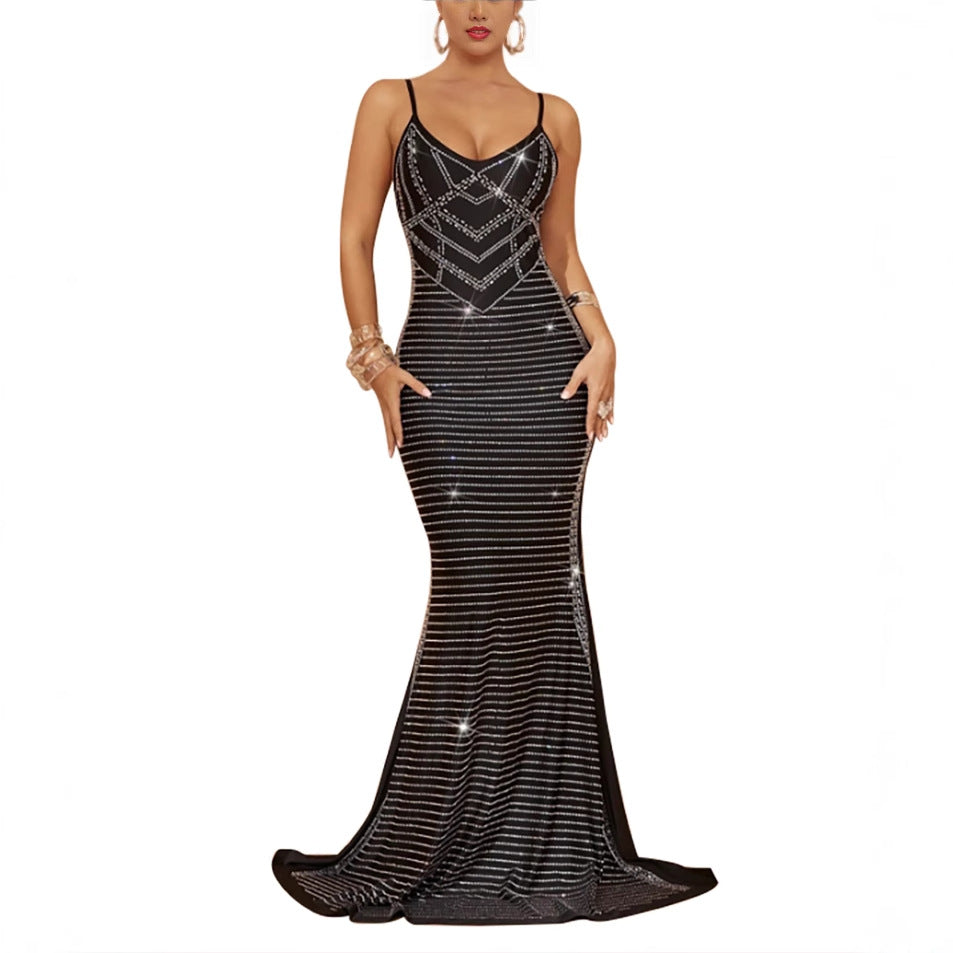 Fashionable Women's Straps Sleeveless Beaded Sexy Low-Back Long Dress 6