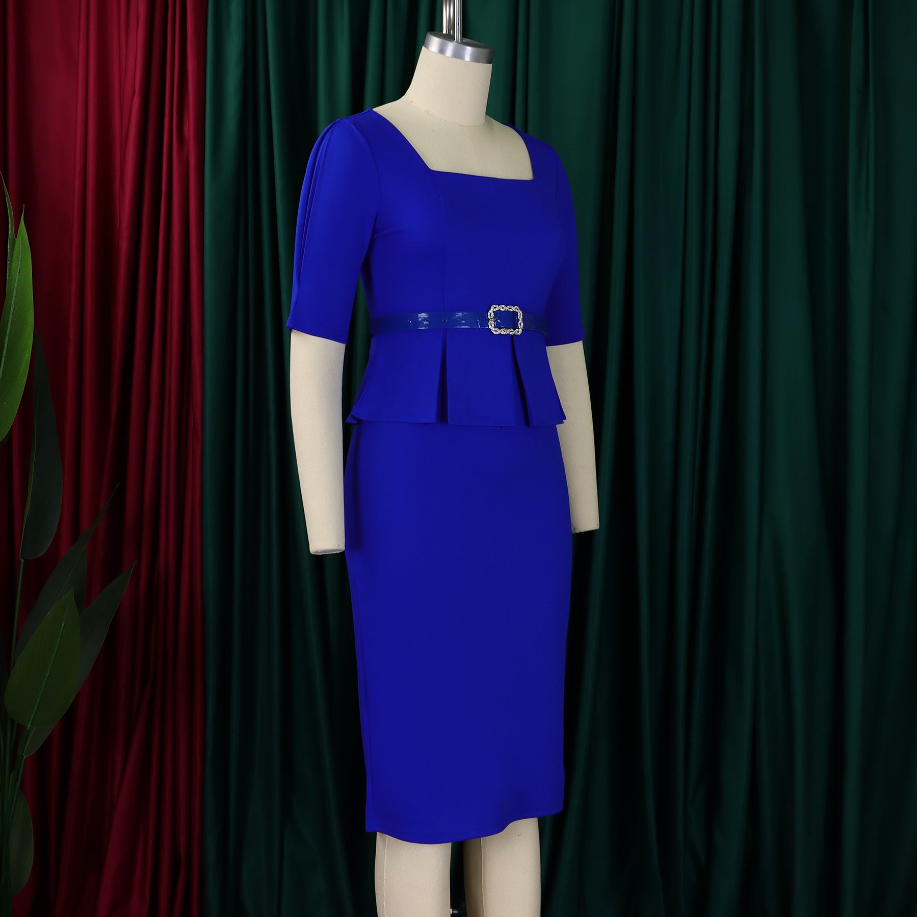 African Women's Turndown Collar Fashion Chic Short Sleeve OL Ruffle Slim Waist Dress 25