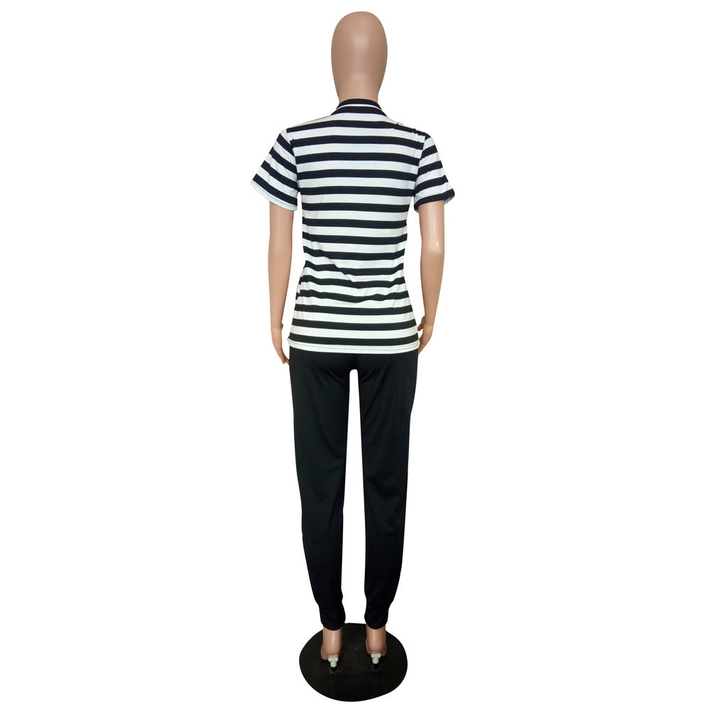 Women's Autumn Fashion Black and White Striped Casual Sports short sleeve two piece pants Set