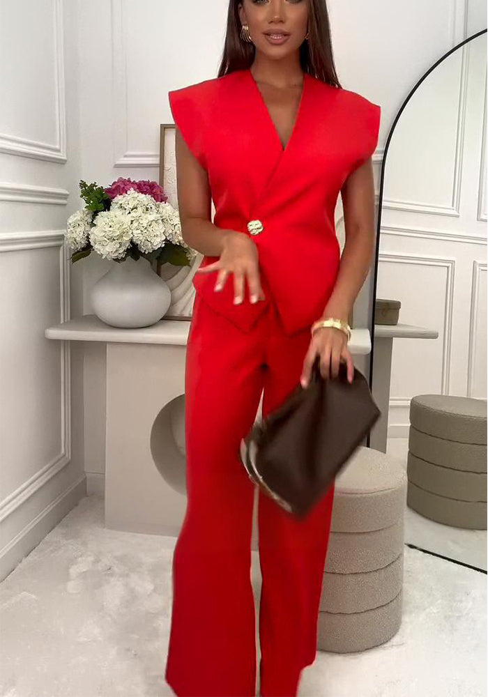 Women summer button Solid Top and wide-leg pants Career two-piece set