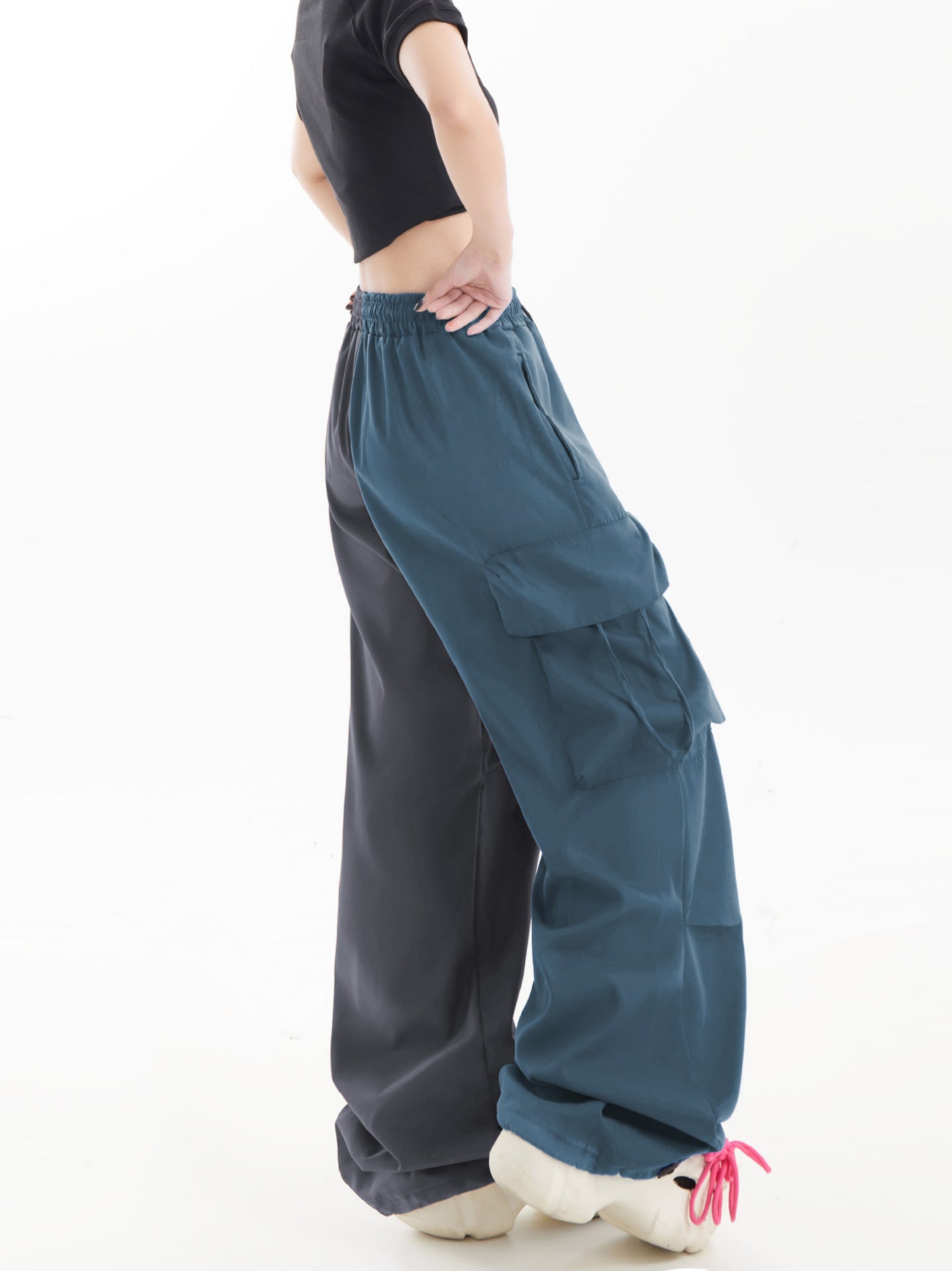 American Contrast Color Loose Wide Leg Cargo Pants Hip Hop Color Matching Fashion Casual Sports Trousers for Women 16