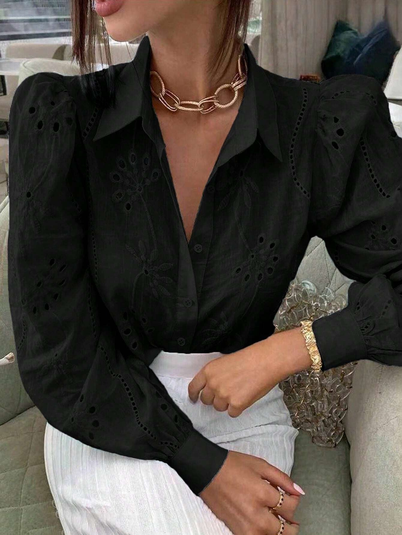 Women Solid embroidered hollow long-sleeved Turndown Collar shirt 9