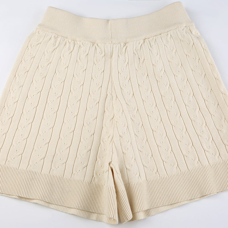 Comfortable Casual Solid Color Sweater Suit Autumn Round Neck Loose Top High Waist Shorts Two-Piece Trendy Set 15