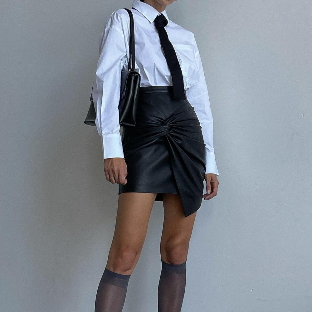 Women's Autumn Winter Street Fashion Pleats Bodycon Leather Mini Skirt 6