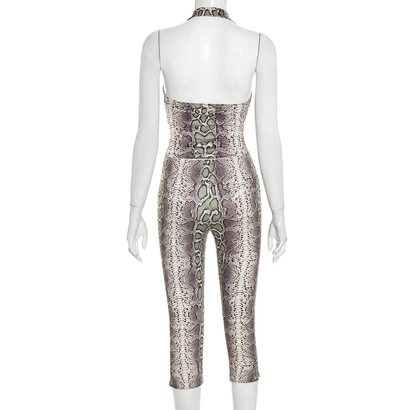 Women Fall Snake Print Halter Neck Sleeveless Top and Pants Two-Piece Set 8