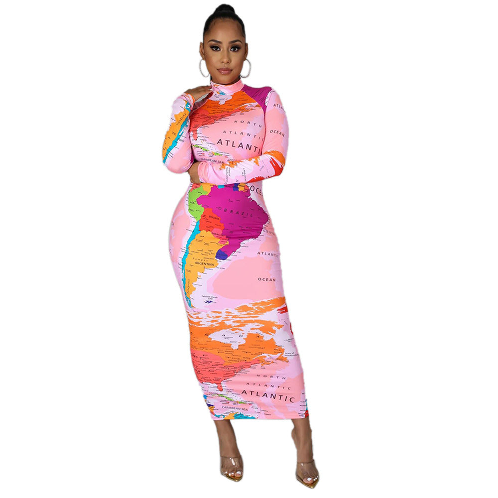 High Neck Long Sleeve Printed Long Dress Fashionable Women's Dress 10