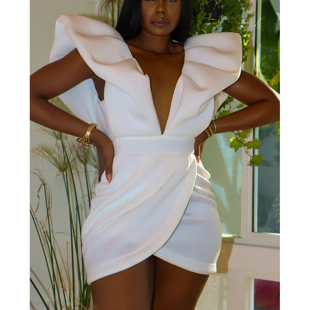 Women's Summer Sexy Deep V Short Sleeve Low Back Solid Color Dress 3