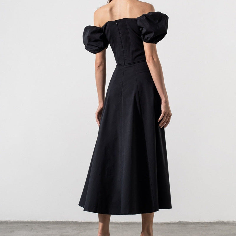 Spring Summer Dress Women's Slimming Off Shoulder Puff Sleeve Tie Slit Long Dress