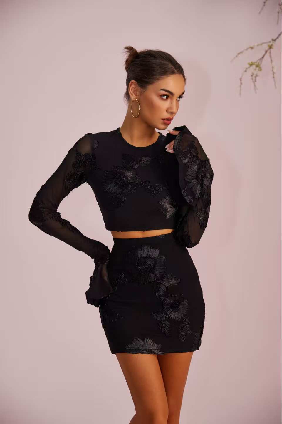 Women Embroidered Floral Backless T-Shirt and Skirt Two-Piece Set 6