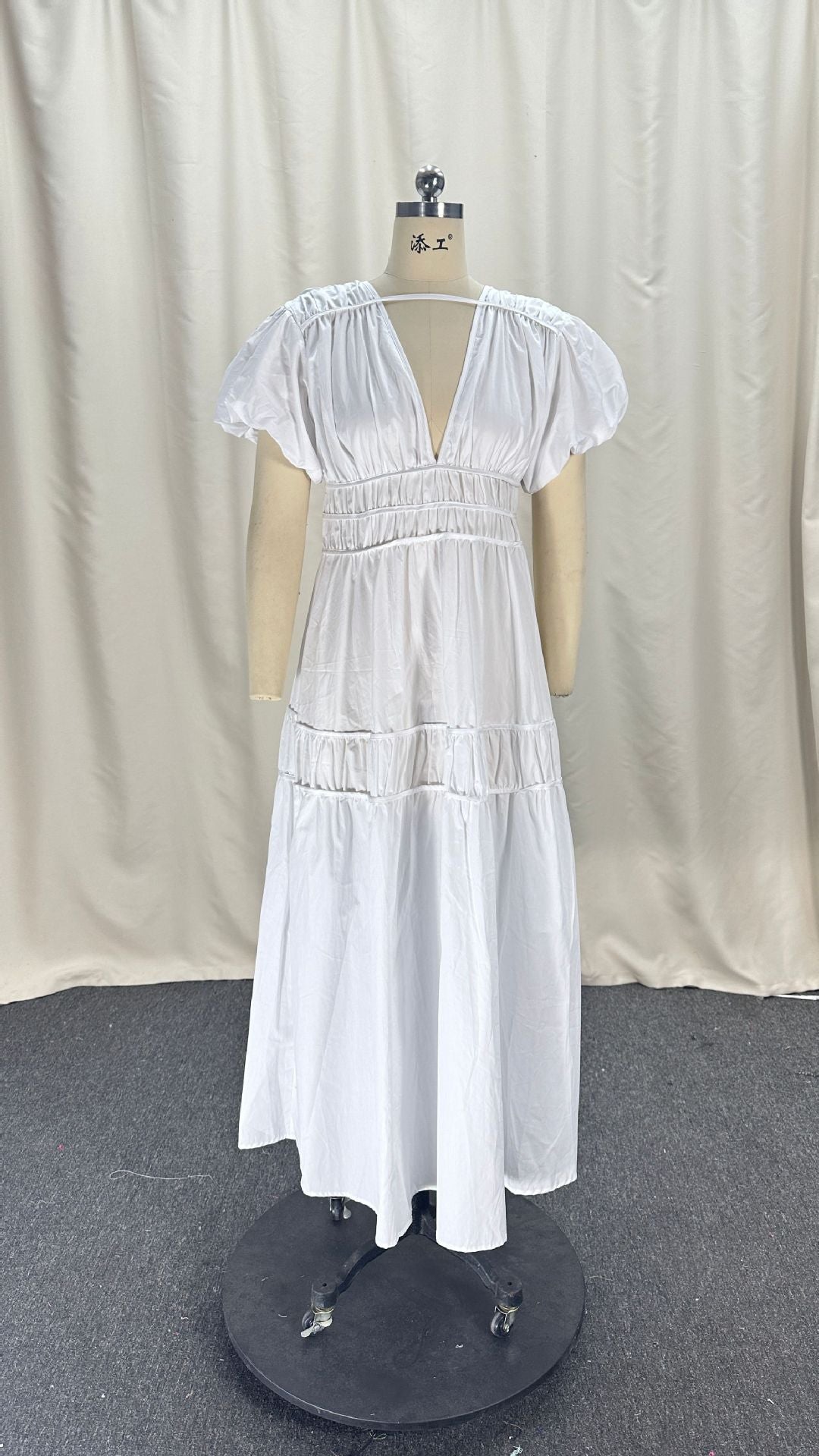 Women Spring V-Neck Zipper Puff Sleeve Hollow Maxi Dress 8