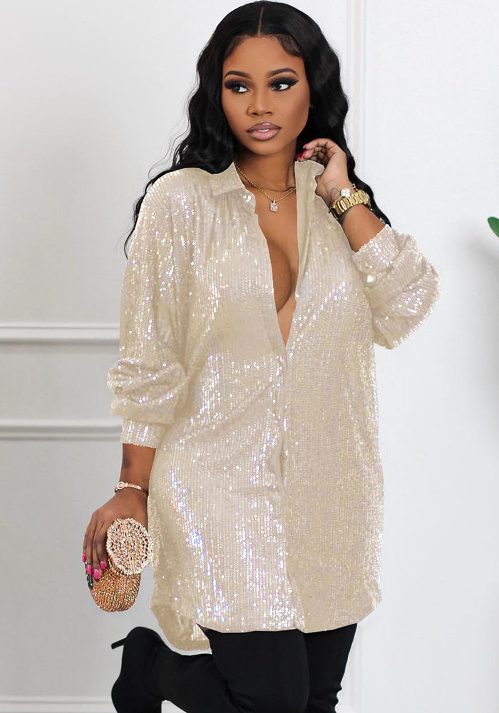 Women Solid Sequin Loose Shirt Dress 9