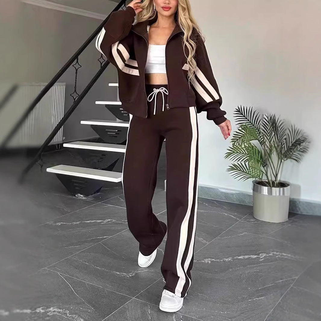 Women Striped Zipper Top and Pants Casual Sports Two-piece Set 7