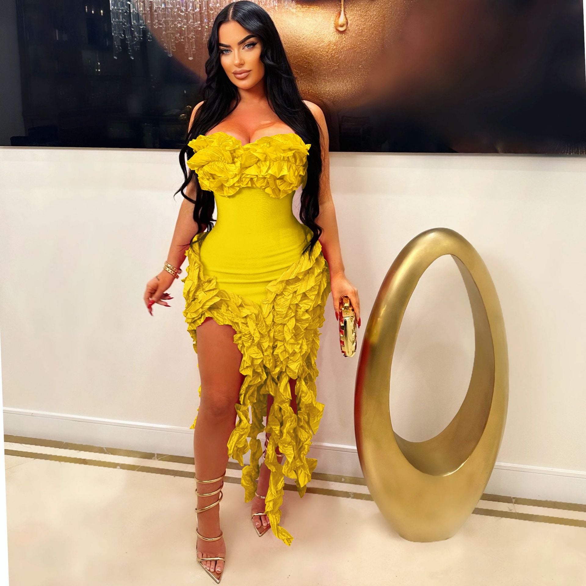 Women's Summer Sexy Strapless Ruffle Tassel Dress 7