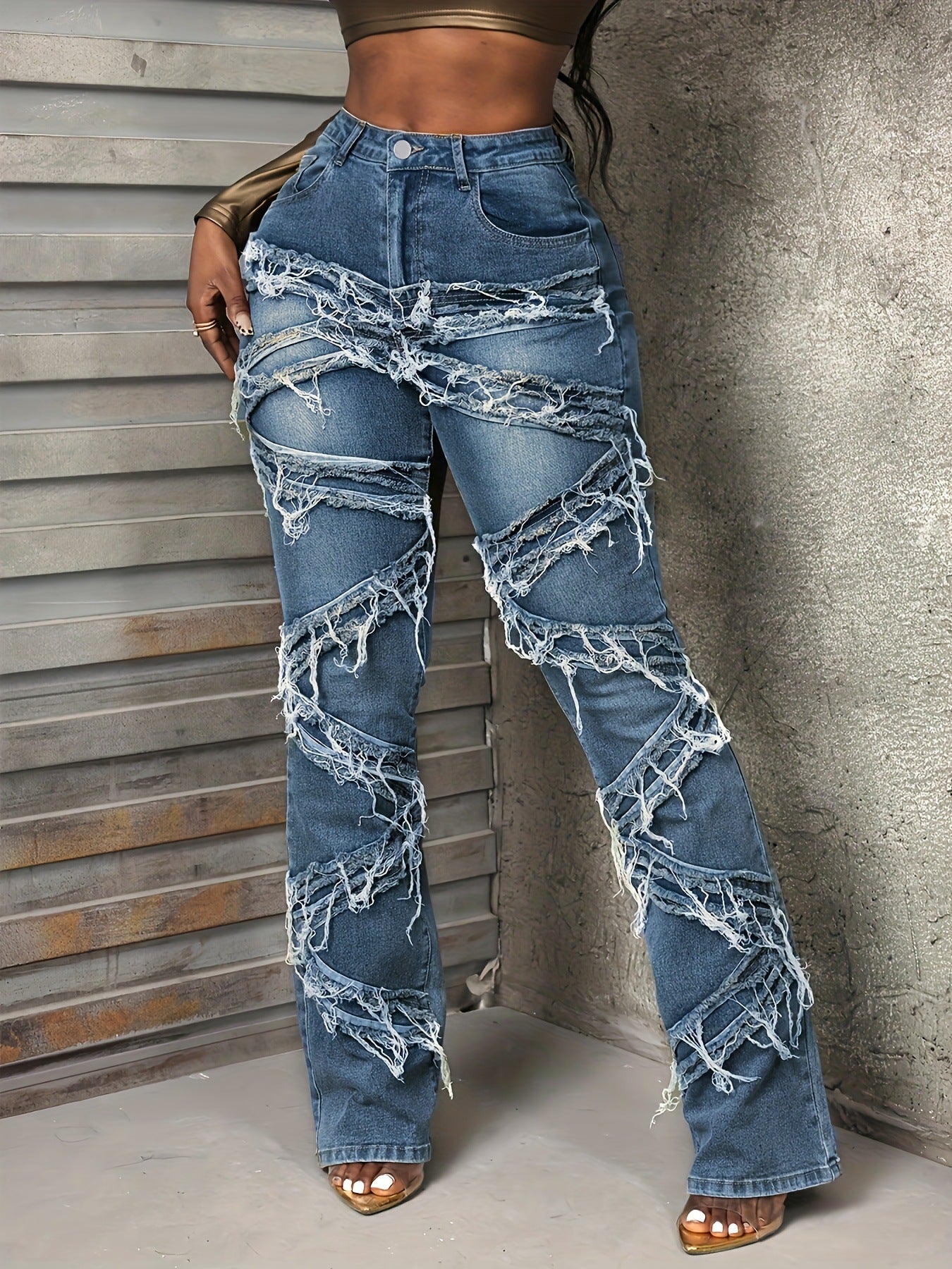 Women Vintage Stretchy Patchwork Denim Pants 8
