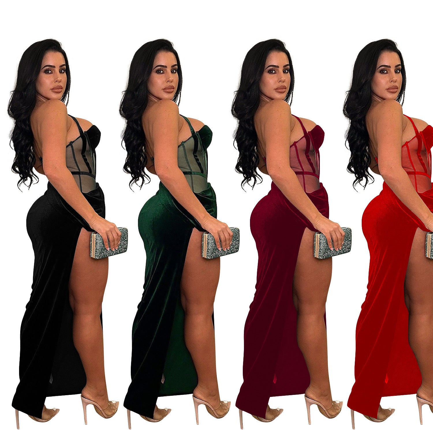 Fashion Women's Solid Color Mesh Straps Slit Long Dress 9