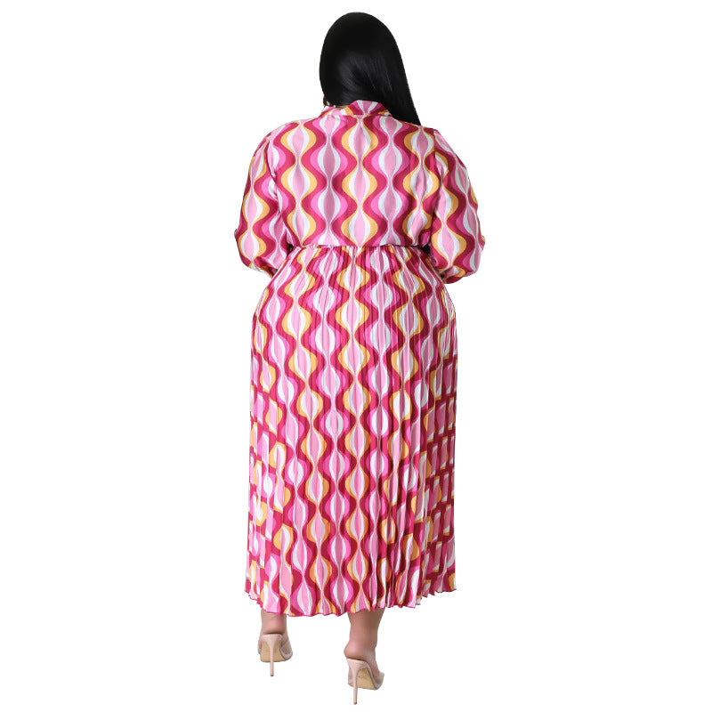 Plus Size Women Lace-Up Long Sleeve Printed Pleated Dress 41
