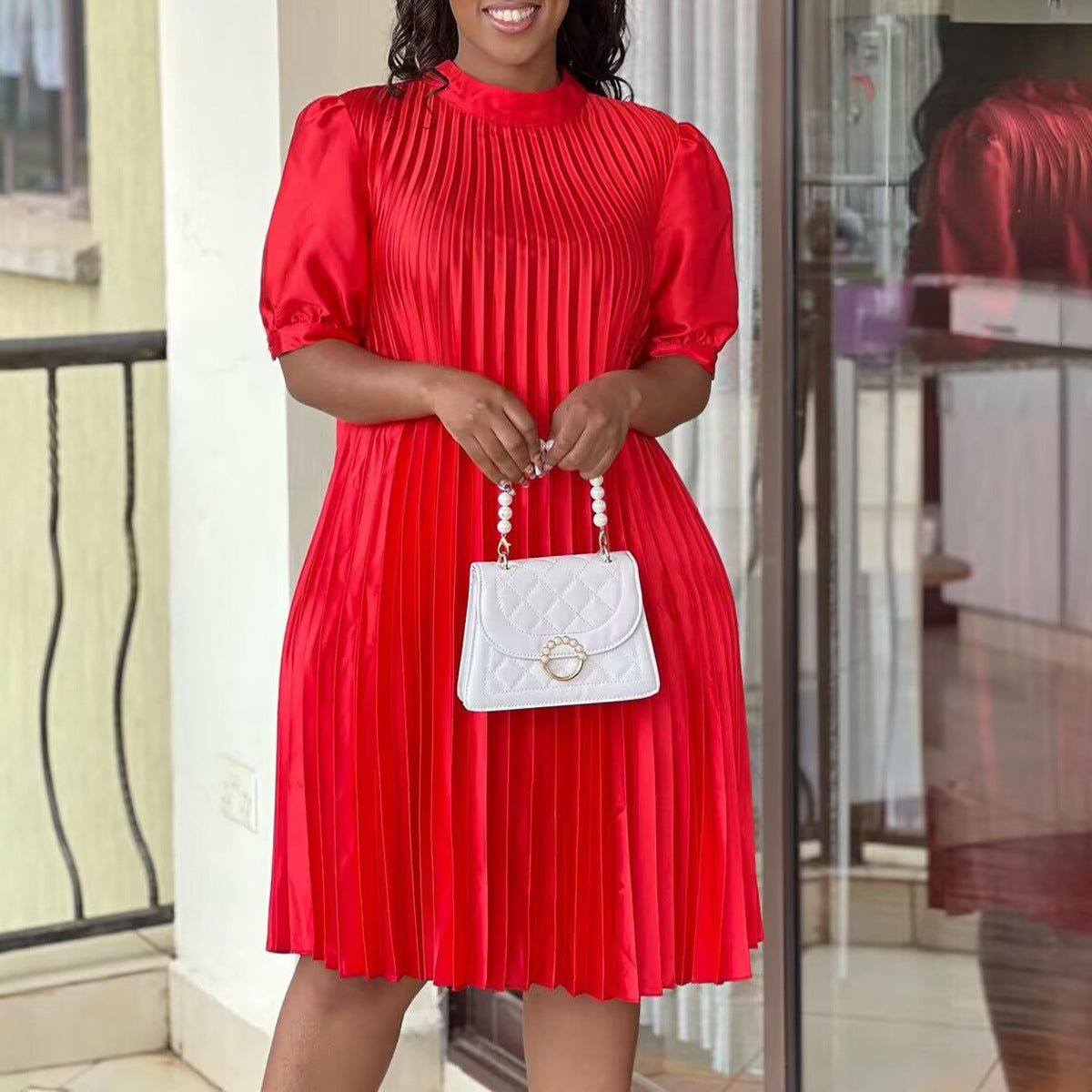 Plus Size Women's Summer Fashion Loose Casual Lace-Up Pleated Dress 4