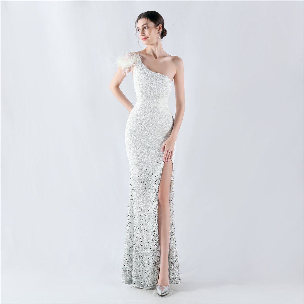 Women Gradient Velvet Bottom Beaded Ostrich Feather One Shoulder Slash Shoulder Slit Evening Dress 17