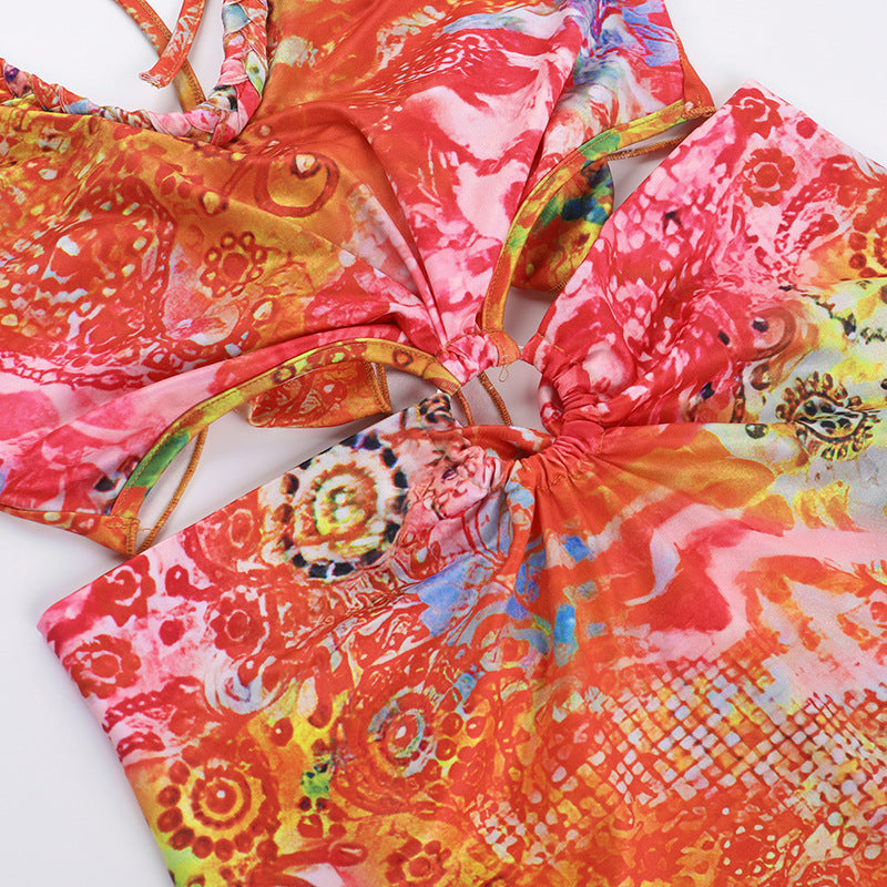 Women summer sexy printed hollow Halter Neck Bodycon dress 11