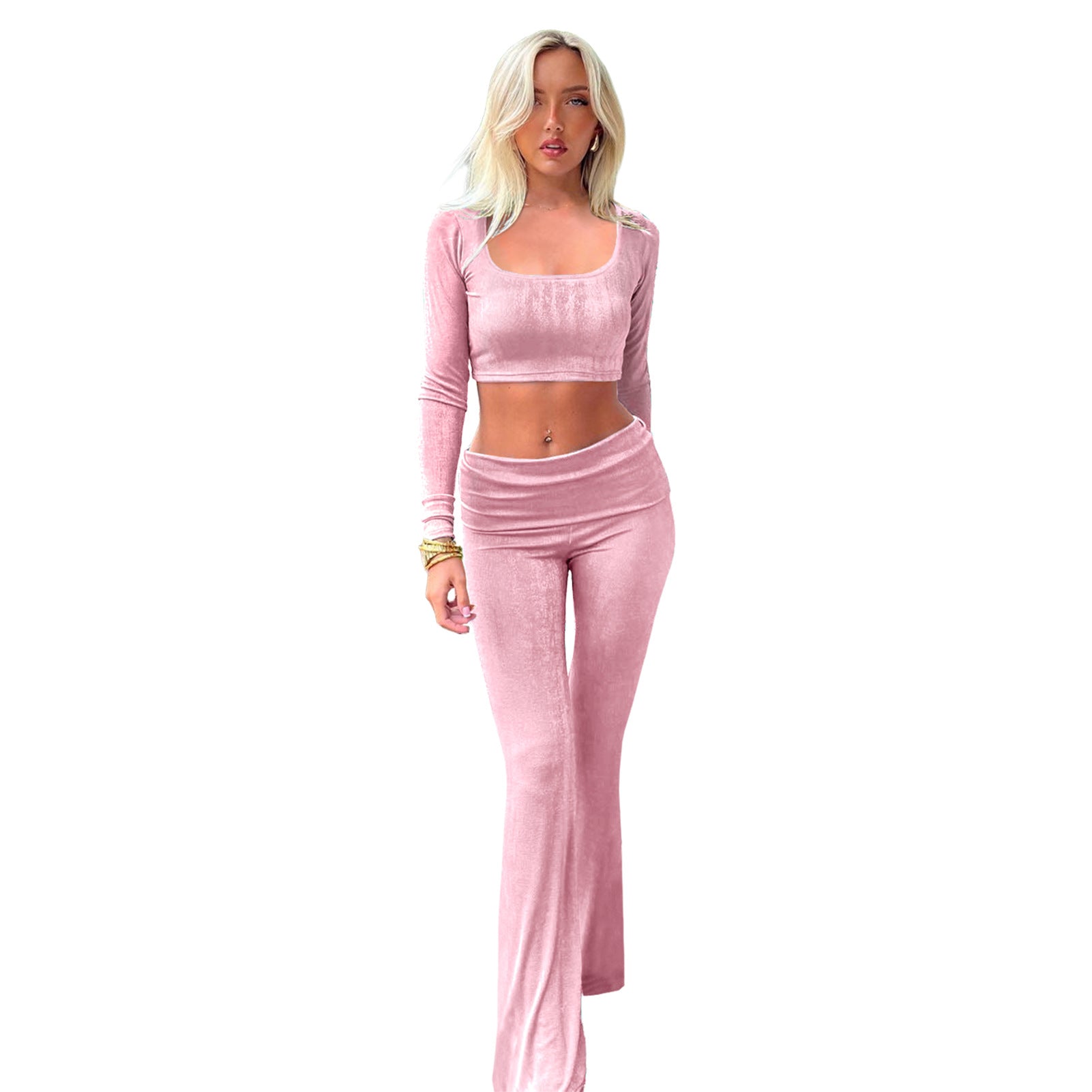 Women's Fashion Solid Color Square Neck Top Low-Waist Bell Bottom Pants Set 14