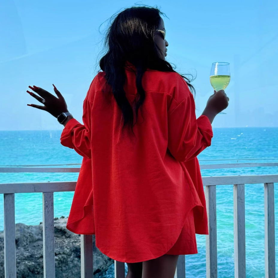 Elegant Women's Long Sleeve Cardigan Shirt Shorts African Plus Size Loose Casual Two-Piece Set 3