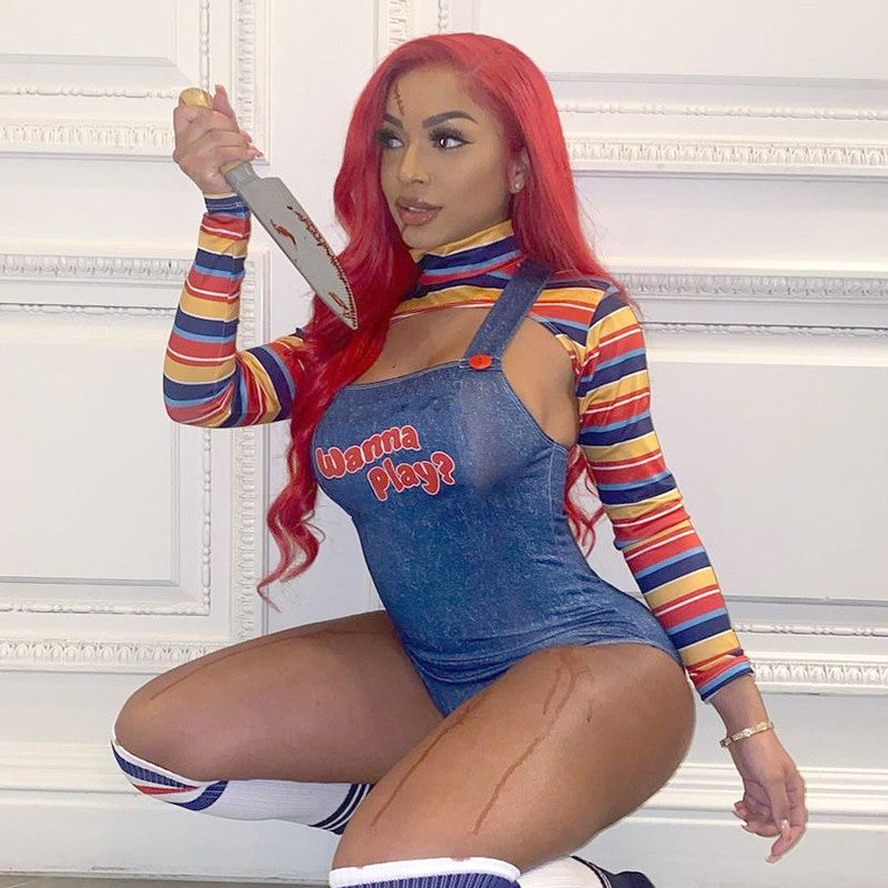 Women Sexy Cosplay Letter Long-Sleeved Overall Two-Piece Set 5