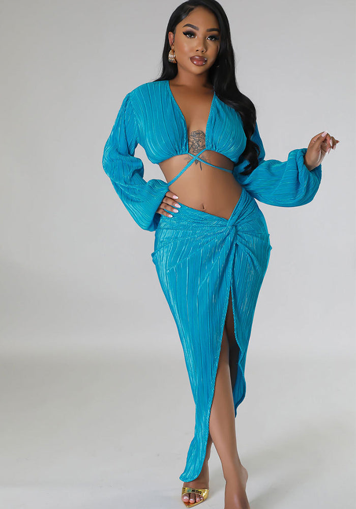 Women's Fashion Summer Solid Casual Long Sleeve Sexy Two-Piece Skirt Set