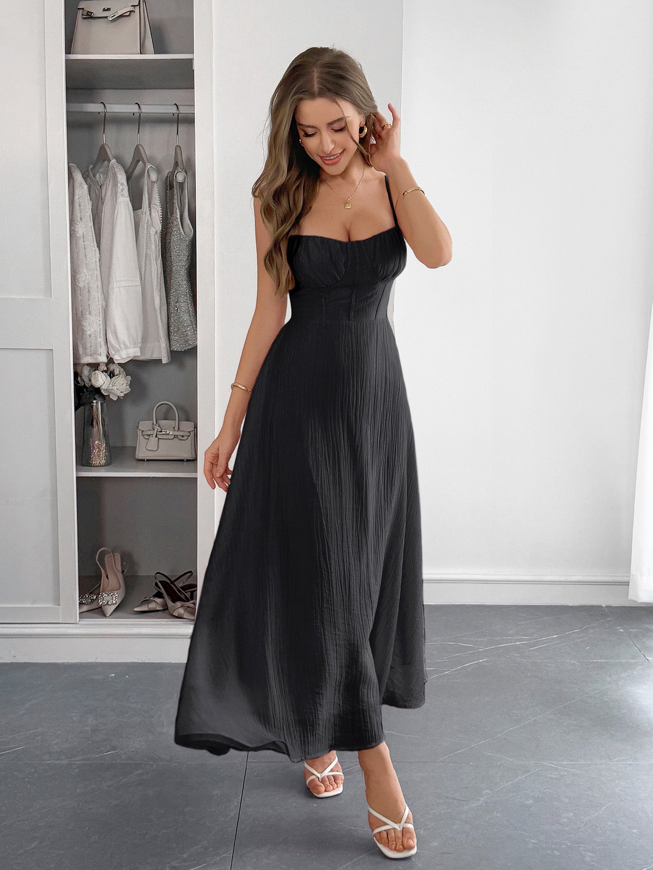 Spring-Summer Elegant Solid Color Strap Dress for Women