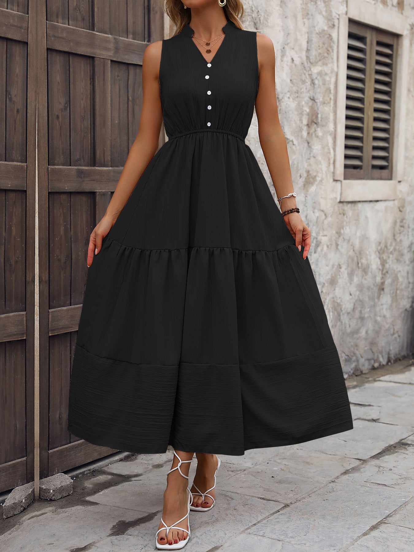 Women V-Neck Summer Sleeveless Patchwork Stand Collar Dress 3