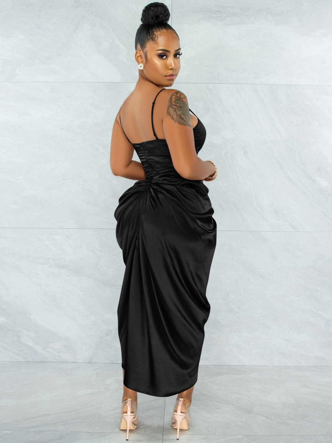 Women sexy split backless bodycon pleated solid strap dress 4