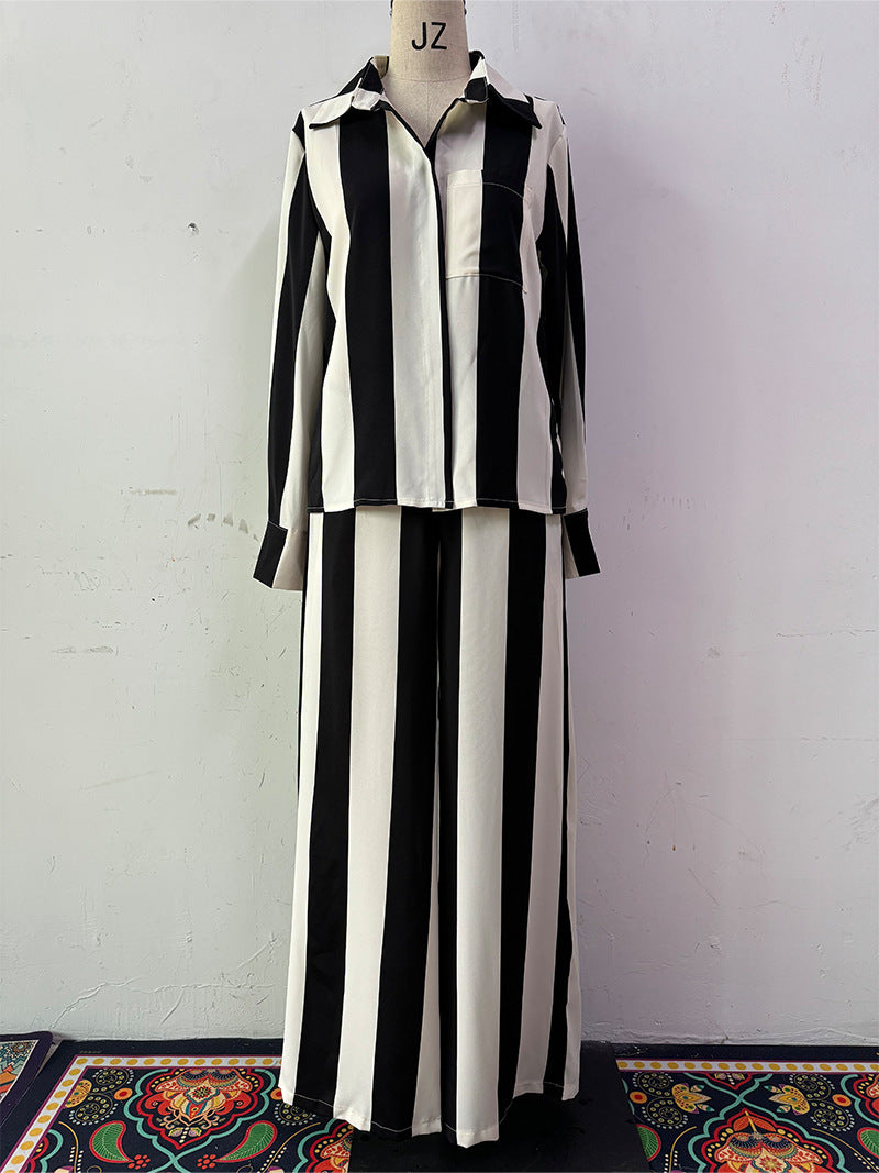 Black & White Striped Button Pocket Shirt Wide-Leg Pants Set 6