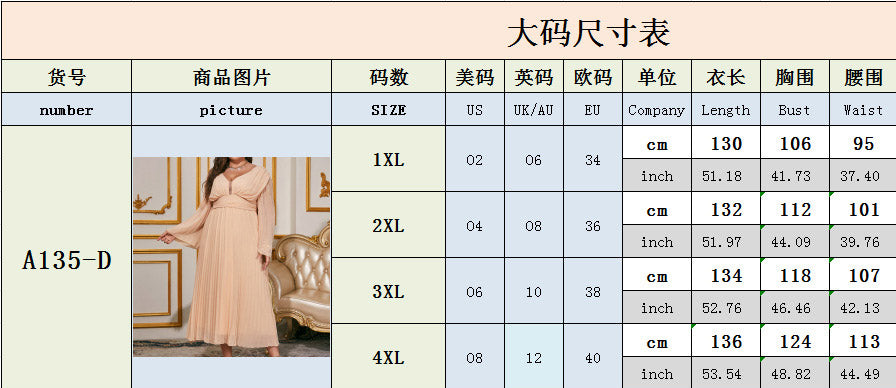 Plus Size Women Pleated V Neck Long Sleeve Chiffon Dress 11