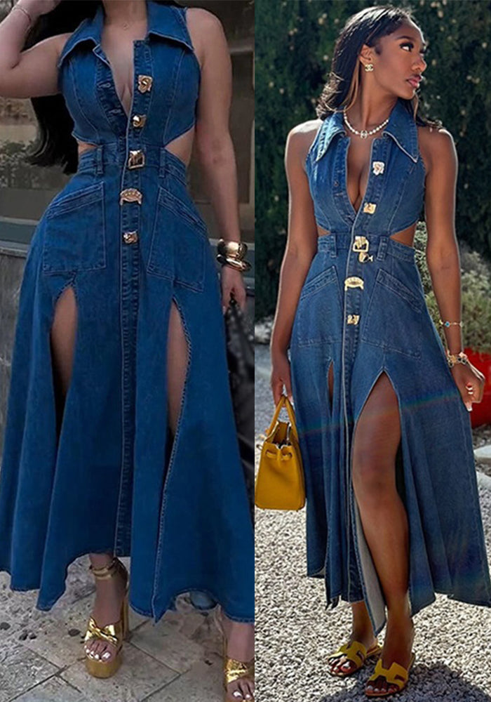 Turn-Down Collar Denim Dress Cut-Out Waist Slim Fit A-Line Slit Casual Long Dress