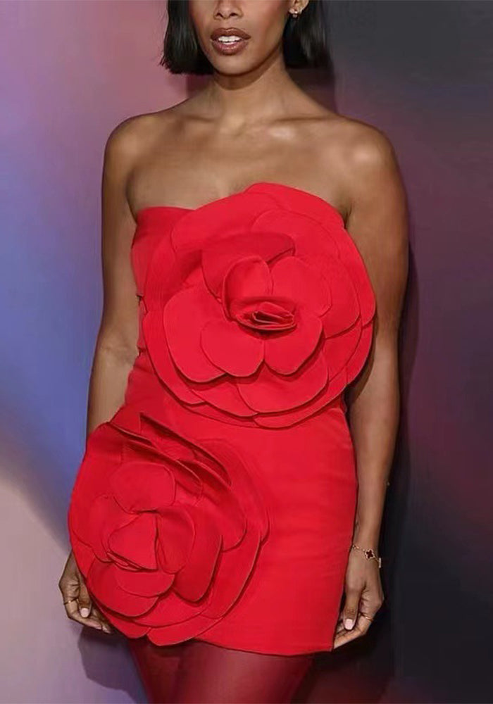 Sexy Red Strapless Chic Flower Decorative Dress