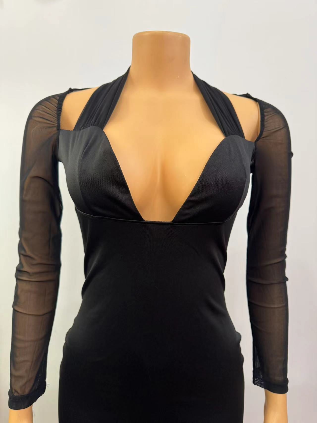 Women Halter Neck Sexy Mesh Patchwork Long Sleeve Bodycon Dress 8