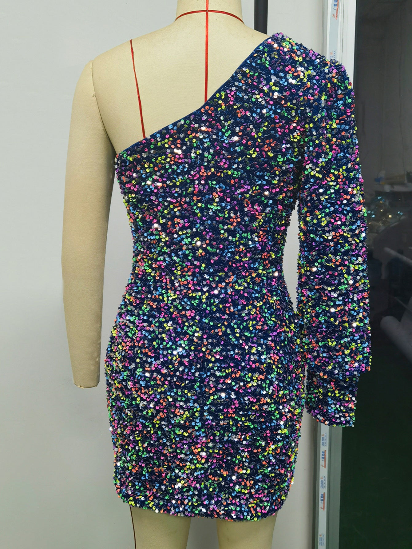 Women Sexy One Shoulder Long Sleeve Sequin Party Evening Dress 9