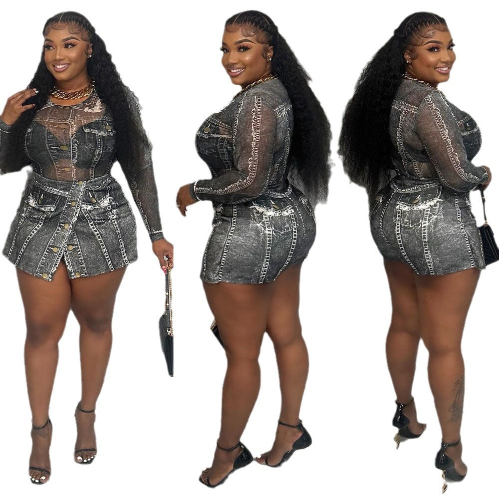 Women Mesh Bodysuit and Print Skirt two-piece set 7