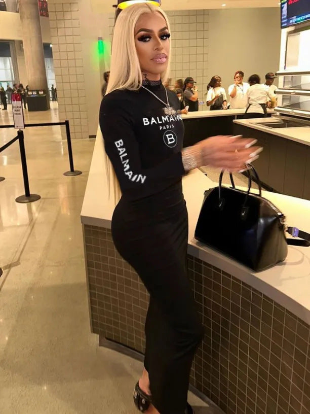 Fashion Letter Printed Long-Sleeved Slim Bodycon Dress 8