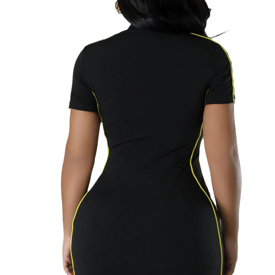 V-Neck Short-Sleeved Women's Fitted Zip Slim Waist Sports Bodycon Dress 6
