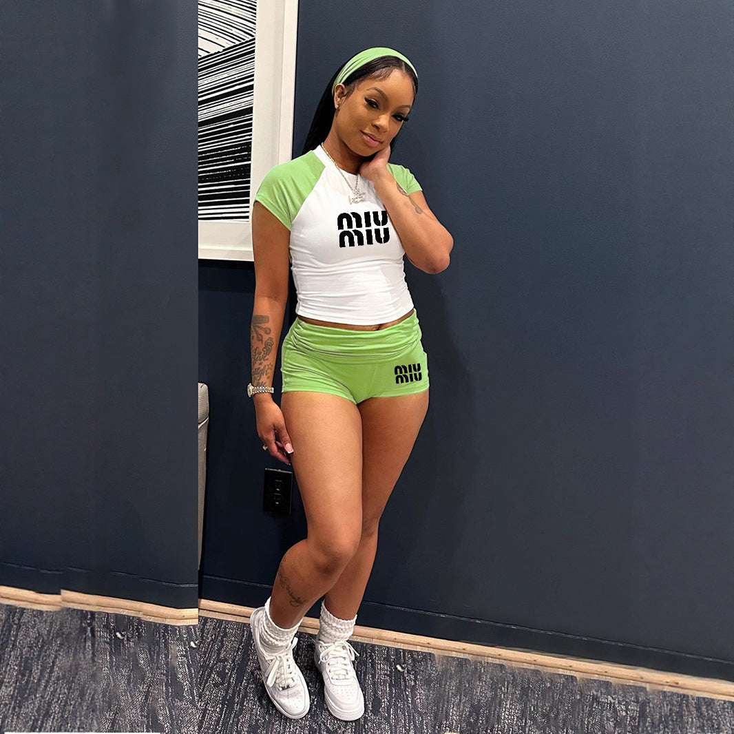 Women street raglan contrast short-sleeved top and shorts casual sports set 7