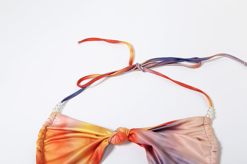 Women's Spring Halter Neck Tie Beaded Chain Slim Low Back Sexy Dress 35